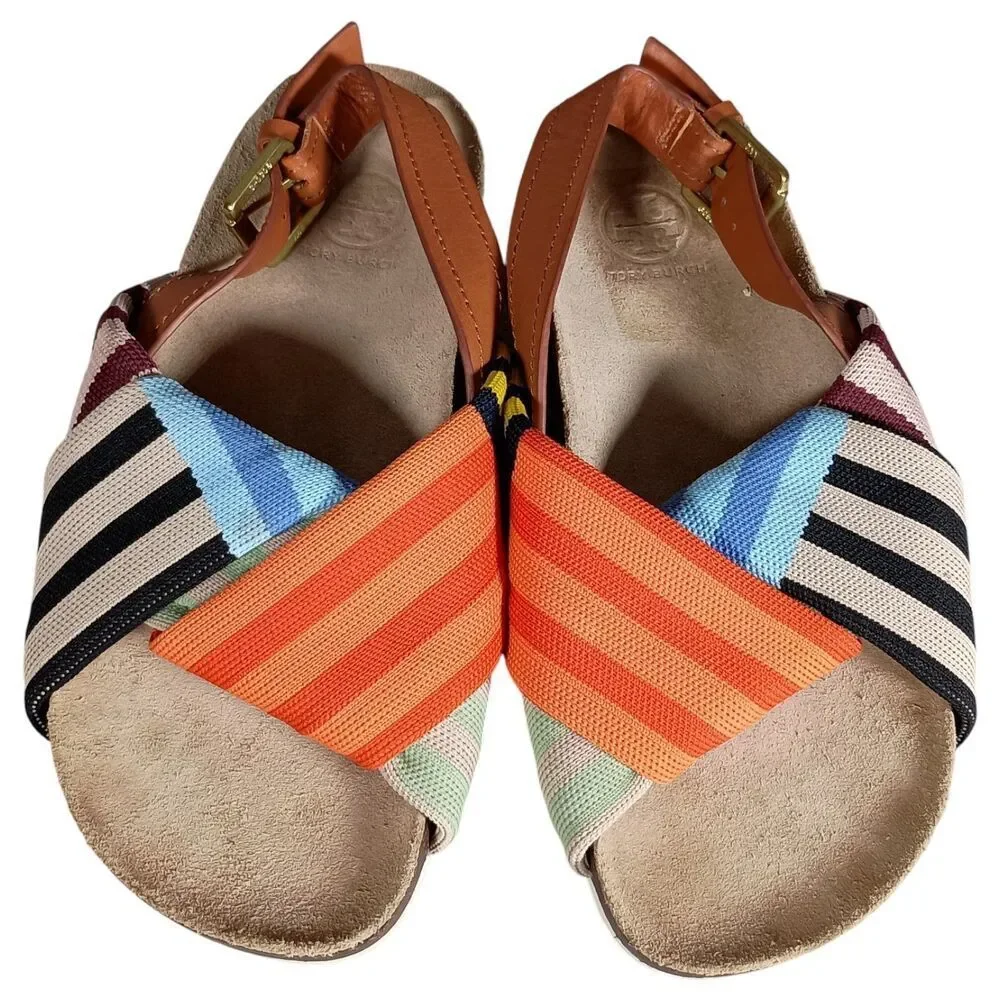 Tory Burch Corey Sandal Flat Patchwork Twist Striped Textile Leather Womens 5